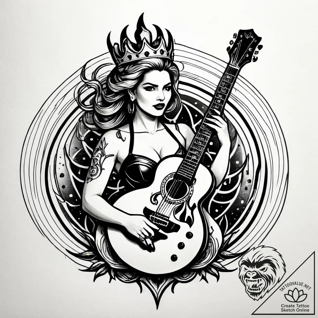 Tat tattoo sketch, queen barb with fiery guit... - style Jagger Old - tattoo sketch (08.11.2025 21:43)