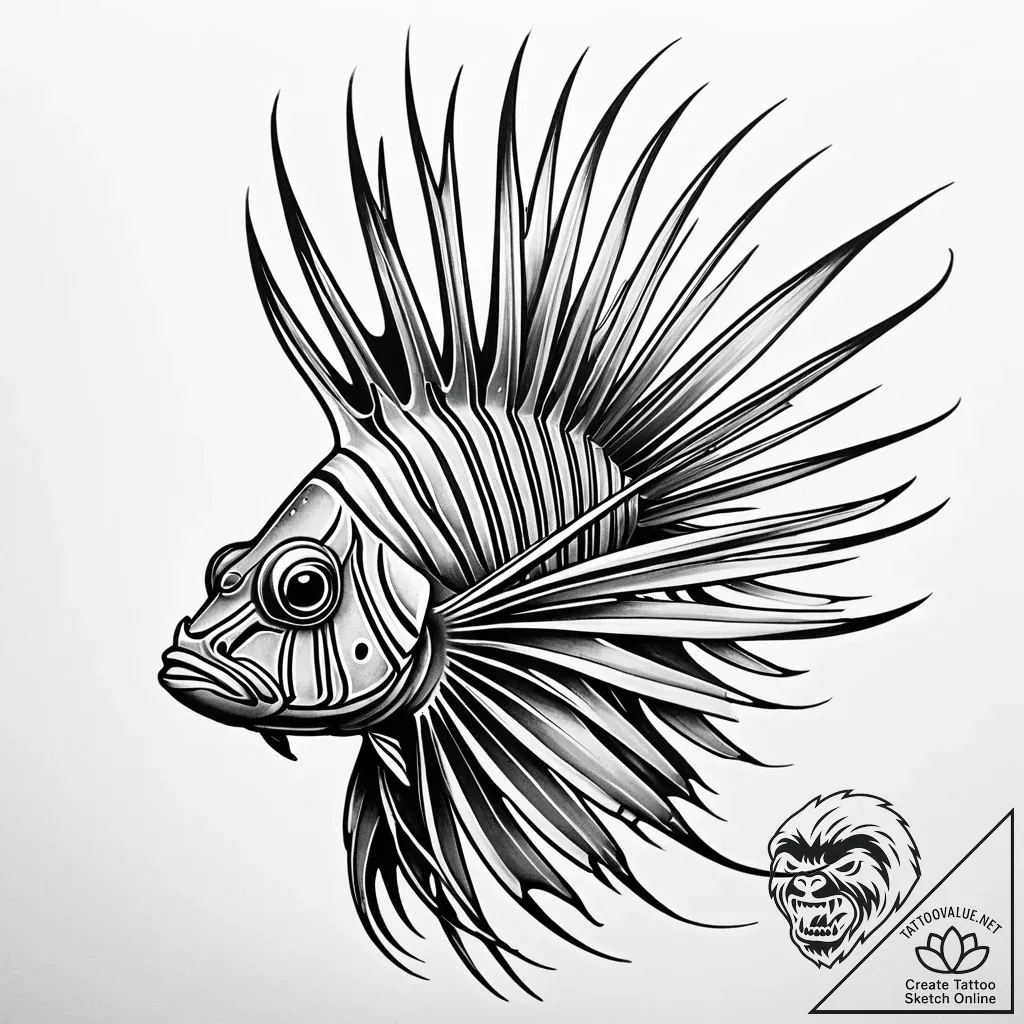 Lionfish with spines of sharp obsidian, conce... - style Jaeger Simple - tattoo sketch (08.11.2025 21:54)