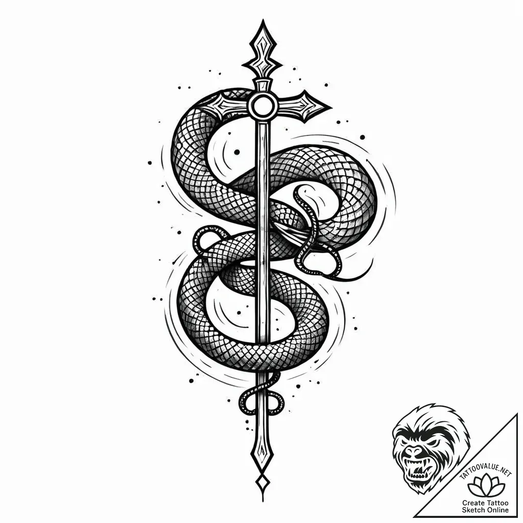 Serpent tail coiled around relic, tattoo sket... - style Jaeger Mini - tattoo sketch (08.11.2025 21:58)