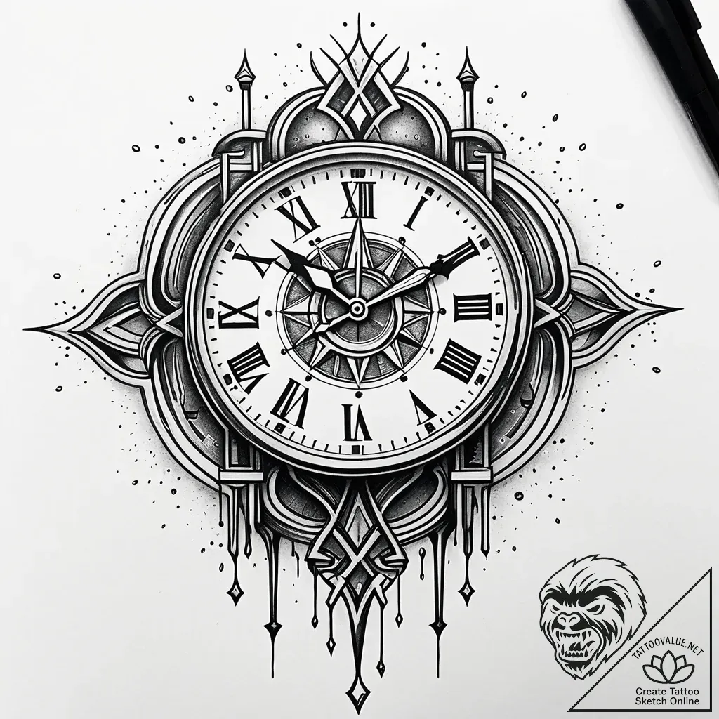 Atomic clock melting through void, tattoo lin... - style Jaeger Simple - tattoo sketch (08.11.2025 22:53)