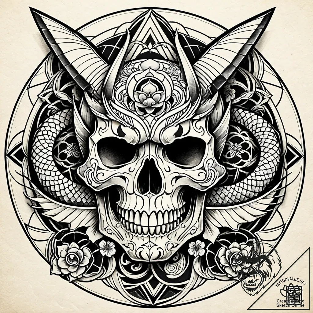Art deco skull with geometric patterns, tatto... - style Jaeger Simple - tattoo sketch (08.11.2025 23:12)