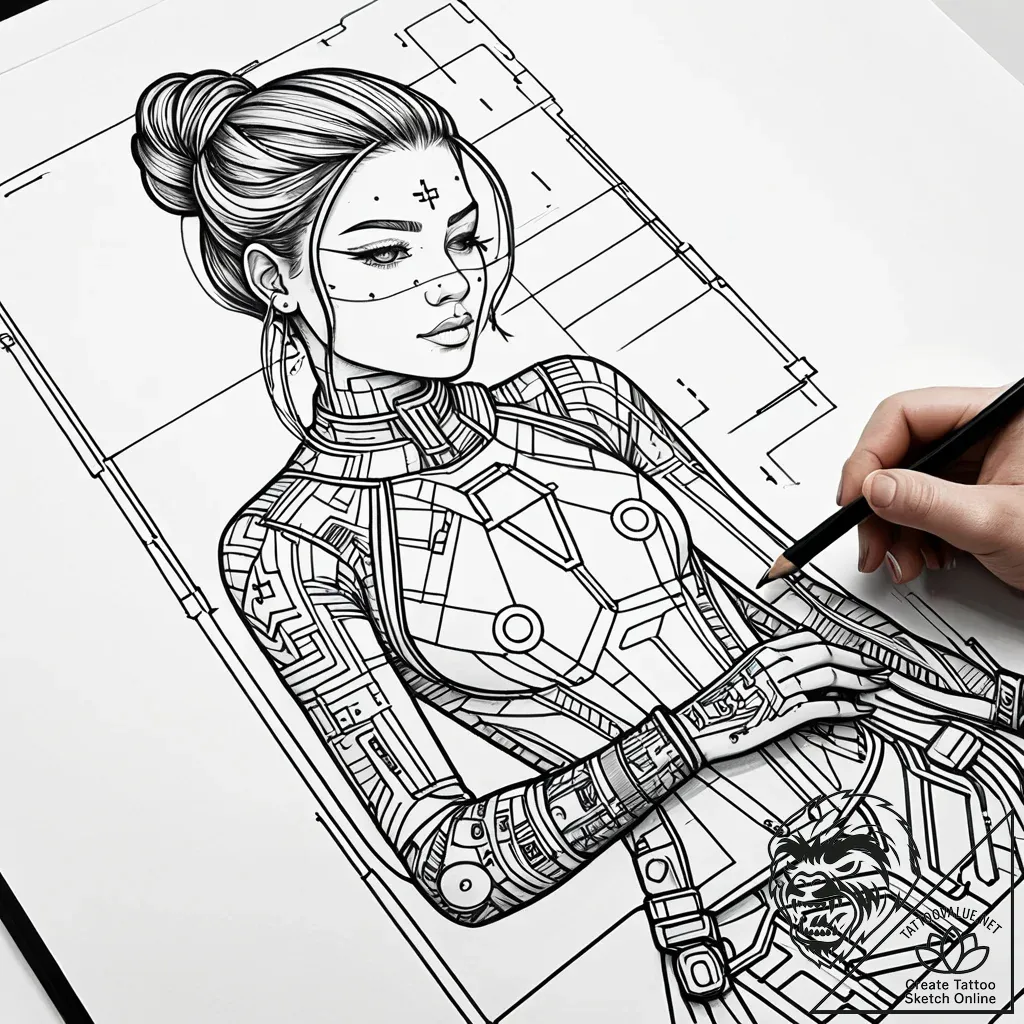 Tat tattoo sketch, female programmer coding w... - style Jaeger Simple - tattoo sketch (08.11.2025 23:32)