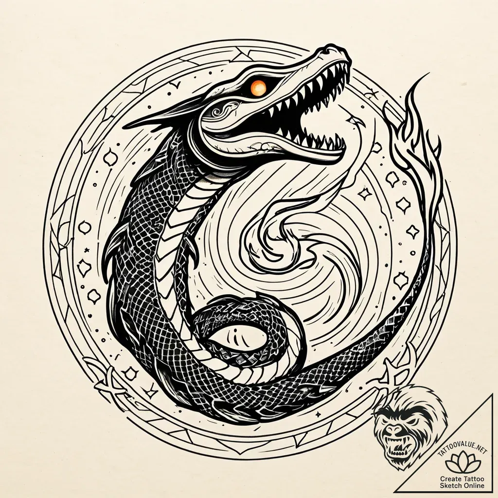 Haunted serpent devouring celestial flame, co... - style Jaeger Simple - tattoo sketch (09.11.2025 00:54)