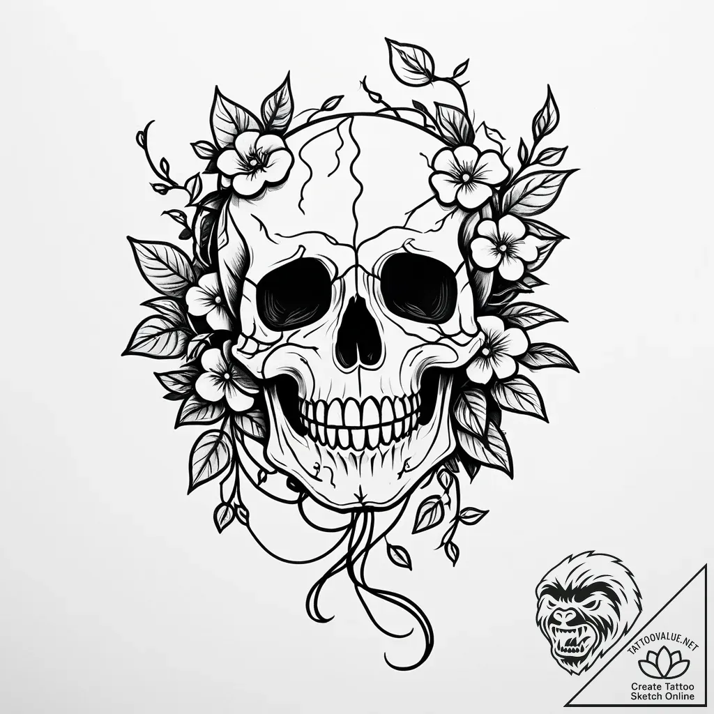 Tat tattoo sketch, skull adorned with lush fl... - style Jaeger Simple - tattoo sketch (09.11.2025 01:32)