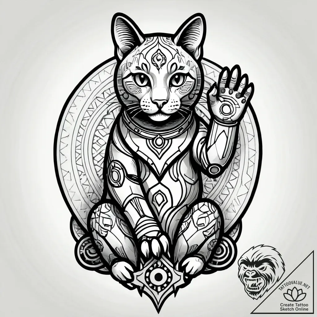 Maneki-neko (lucky cat) with a robotic, wavin... - style Jagger Old - tattoo sketch (09.11.2025 02:02)