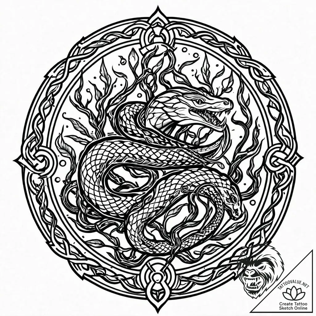 Serpent roots devouring ancient seal, tattoo... - style Jaeger Mini - tattoo sketch (09.11.2025 02:38)