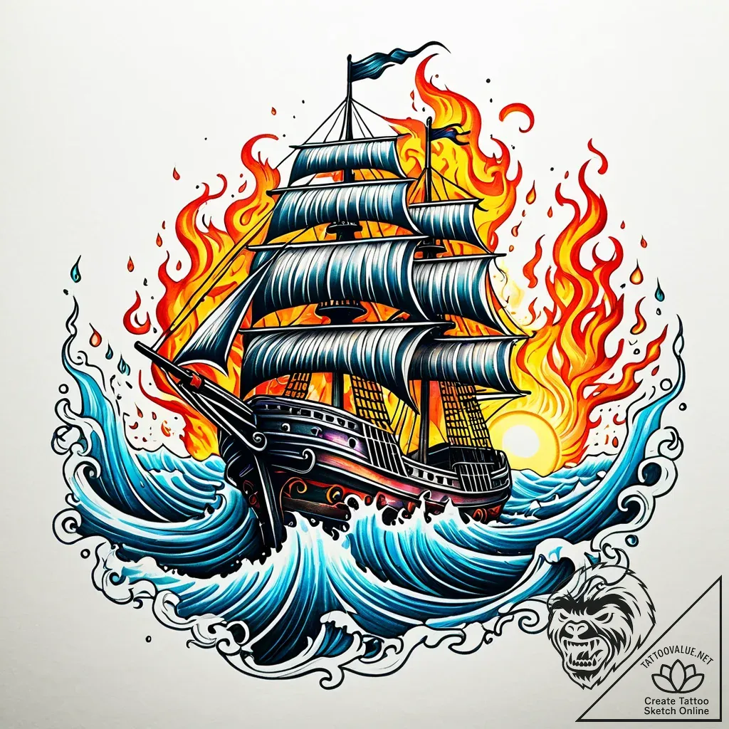 Burning sea with skeletal ship, ink illustrat... - style Jaeger Simple - tattoo sketch (09.11.2025 07:53)