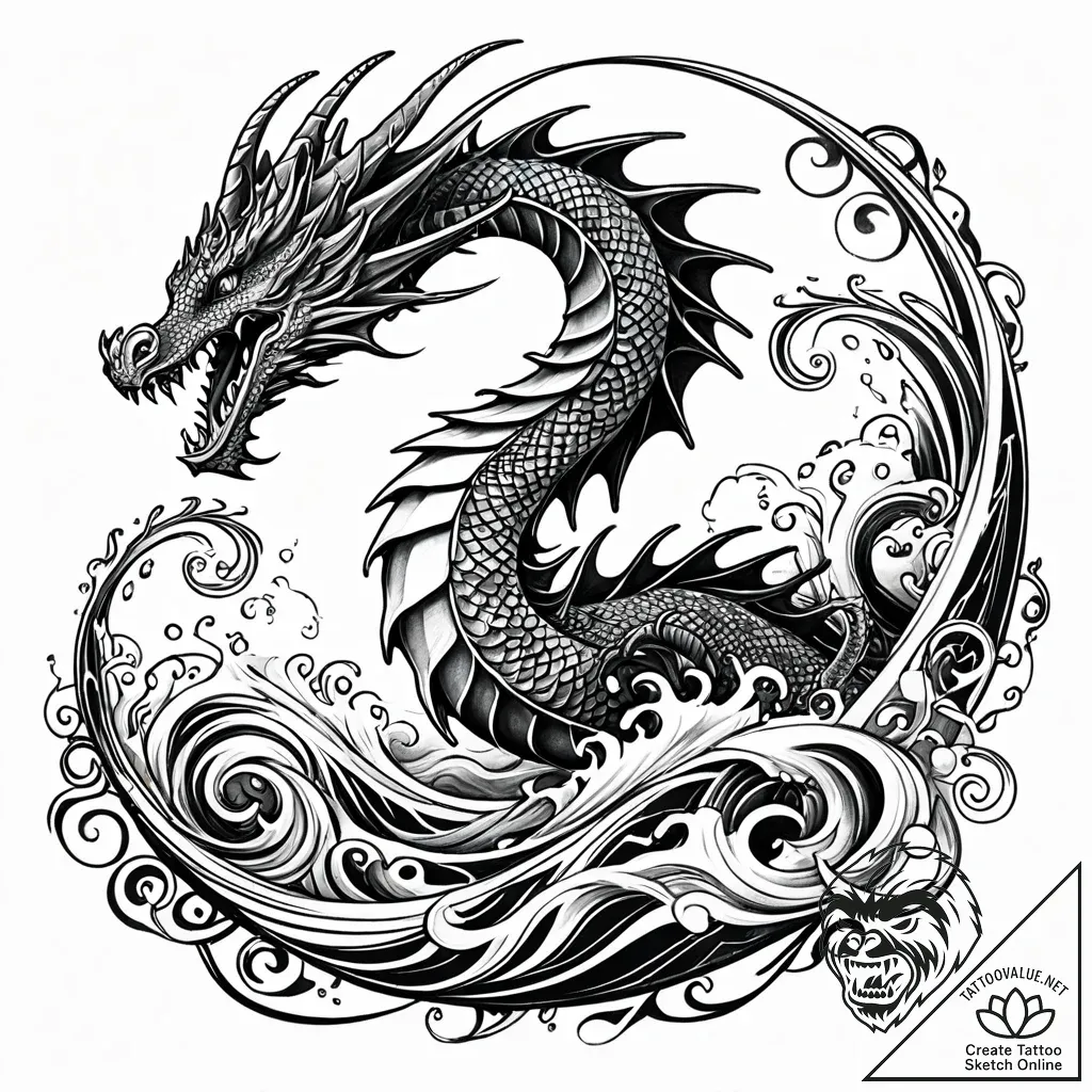 Tat tattoo sketch, sea dragon entwined with t... - style Jaeger Simple - tattoo sketch (09.11.2025 09:33)
