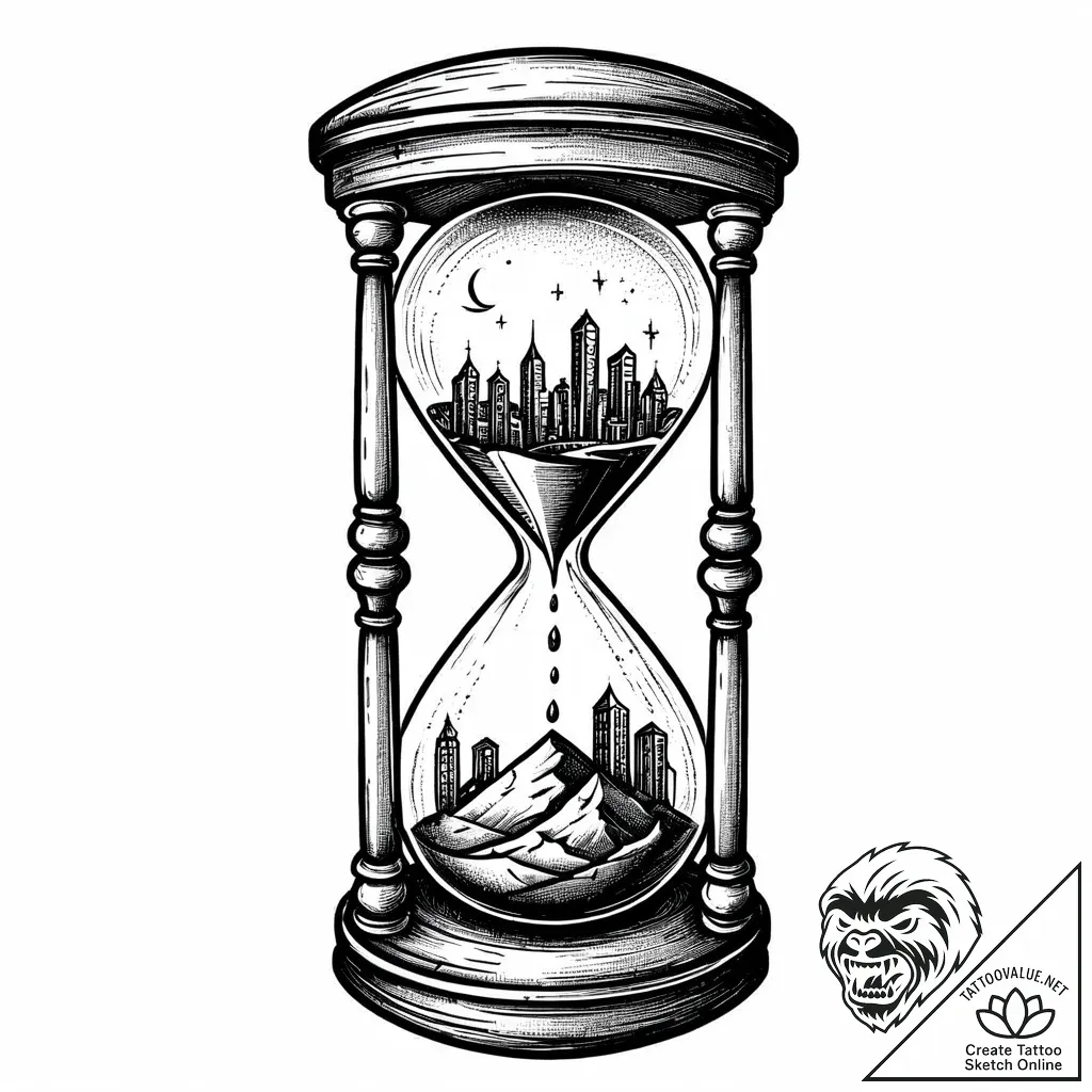 An hourglass filled with city dust instead of... - style Jaeger Mini - tattoo sketch (09.11.2025 09:58)