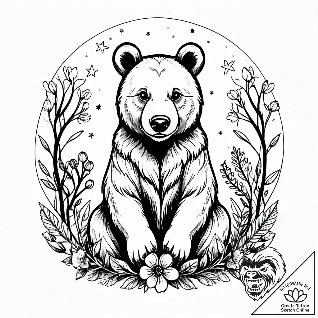 Tattoo sketch, koda playful cub with forest f... - style Jagger Old - tattoo sketch (09.11.2025 10:22)