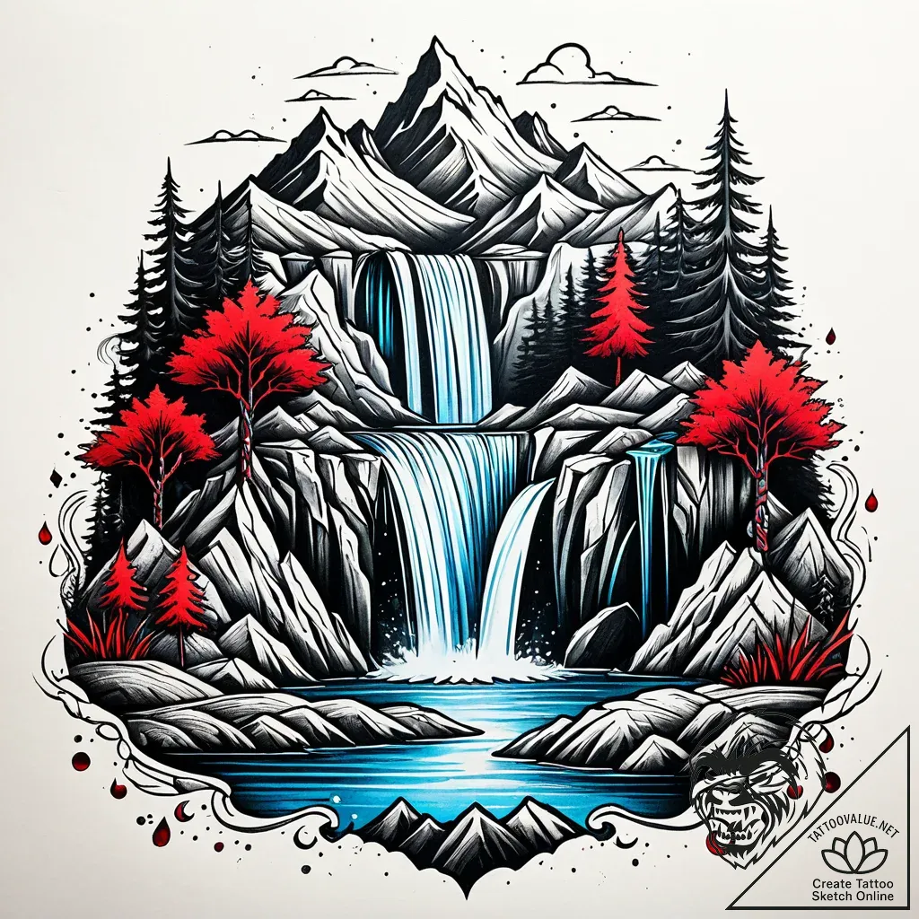 An active waterfall cascading into a pristine... - style Jaeger Simple - tattoo sketch (09.11.2025 10:32)