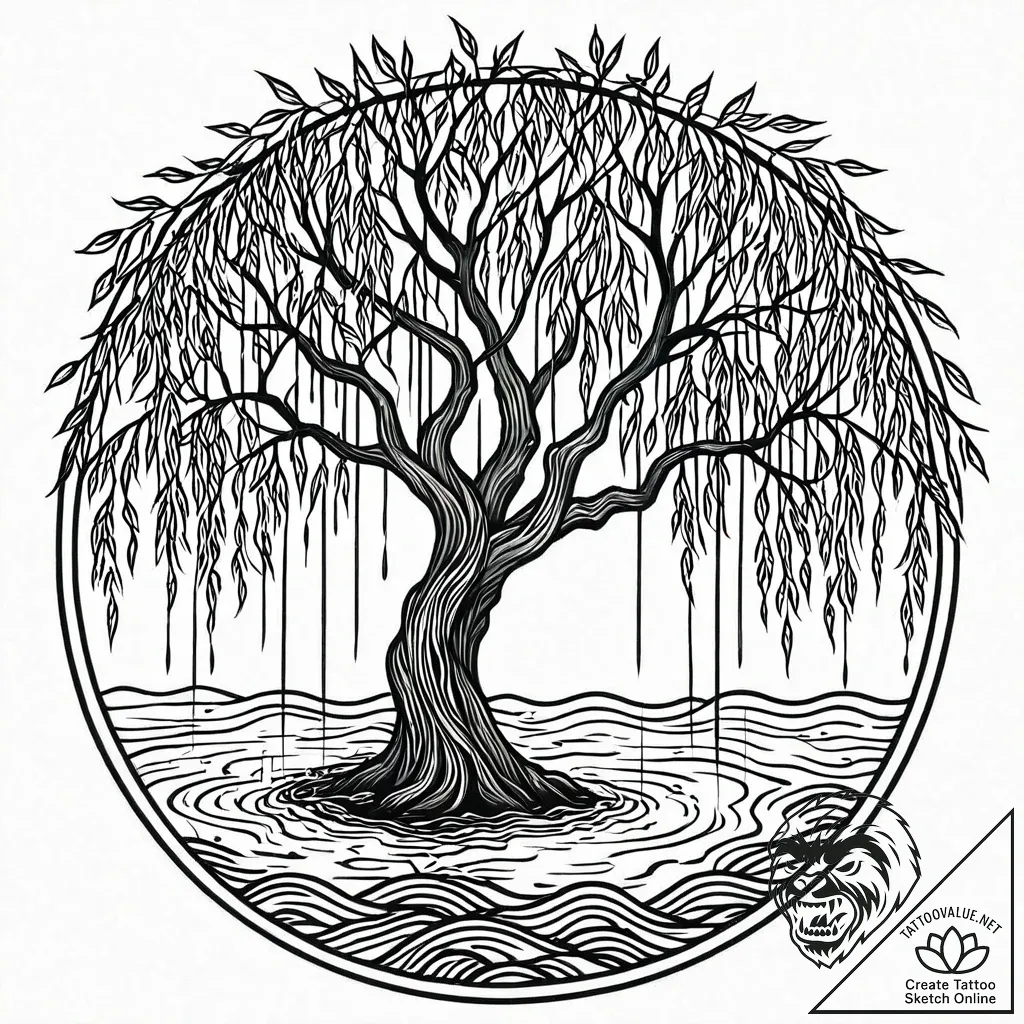 Weeping willow tree, its branches gently touc... - style Jaeger Mini - tattoo sketch (09.11.2025 10:58)