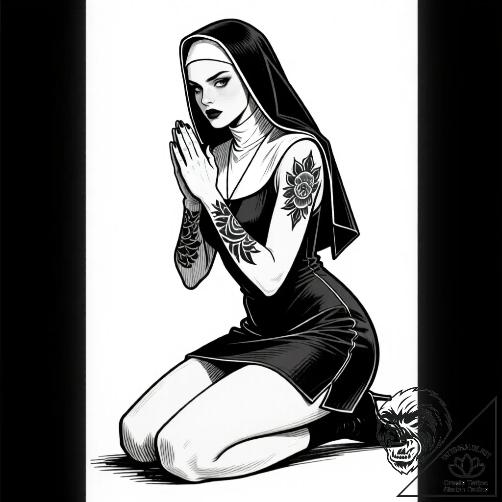 красивая девушка на коленях стоит в позе моля... - style Flux Inscriptions - tattoo sketch (09.11.2025 12:11)