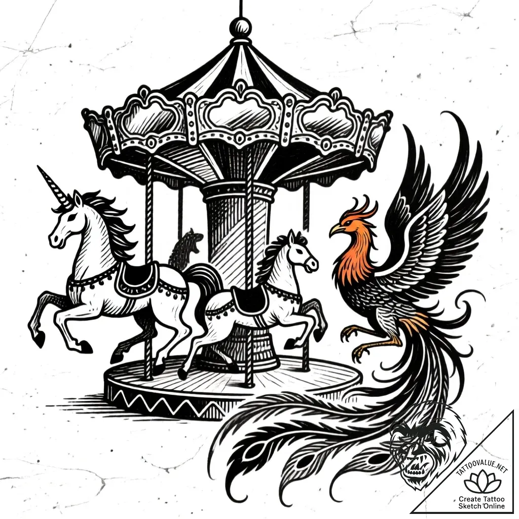 A carousel of mythical creatures (griffin, un... - style Flux Inscriptions - tattoo sketch (09.11.2025 12:22)
