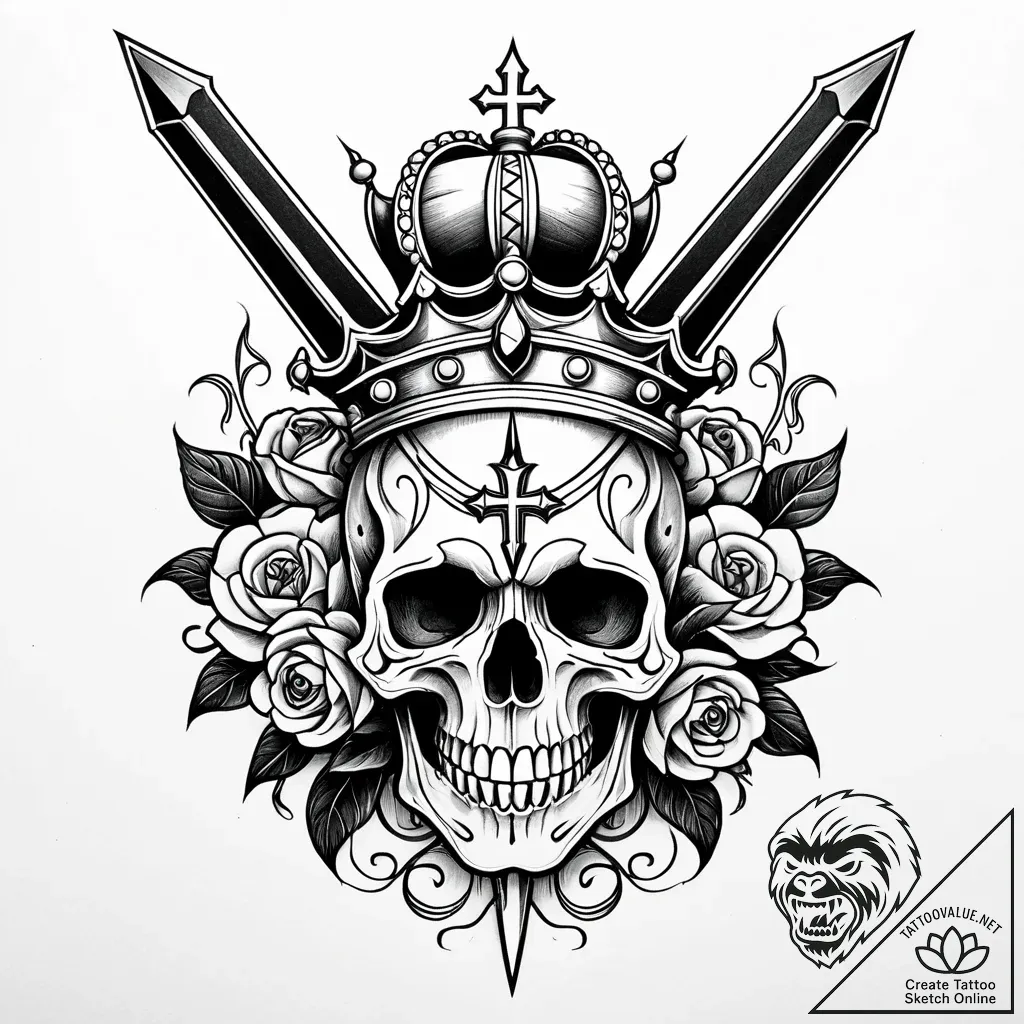 Dagger through crowned skull, tattoo drawing... - style Jaeger Simple - tattoo sketch (09.11.2025 12:49)