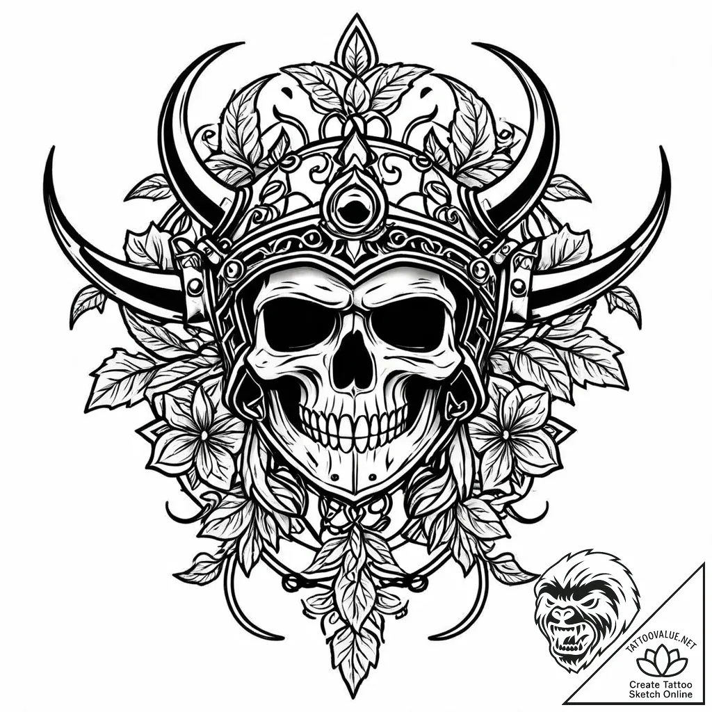 Nightshade vine beneath iron helm, tattoo dra... - style Jaeger Mini - tattoo sketch (09.11.2025 12:52)