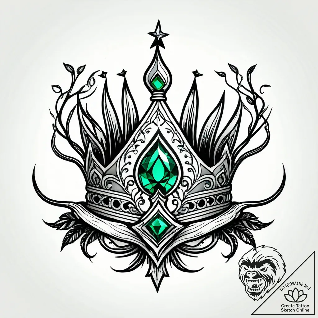 Emerald crown swallowed by roots, ink illustr... - style Jagger Old - tattoo sketch (09.11.2025 12:55)
