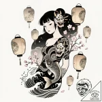 Tattoo sketch, mei lee surrounded by floating… – style Flux Inscriptions – tattoo sketch (09.11.2025 13:22)