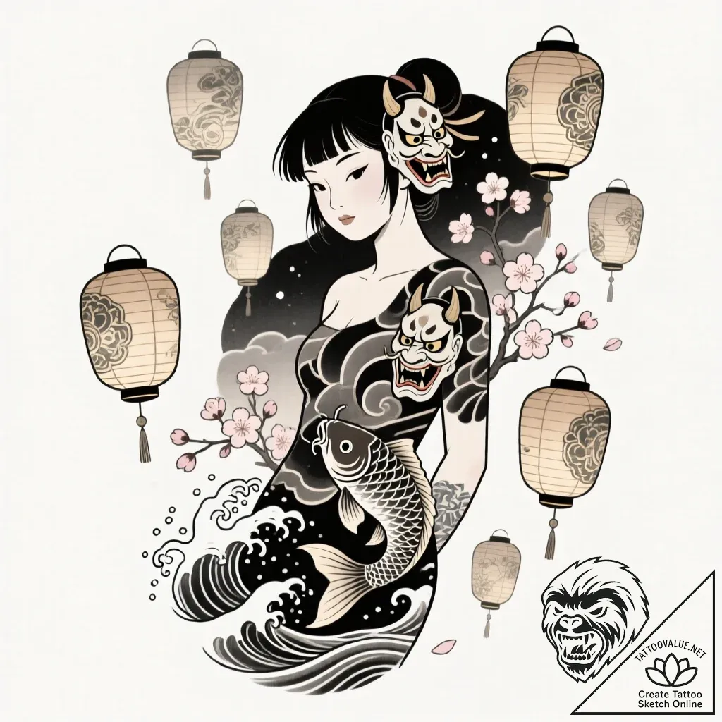 Tattoo sketch, mei lee surrounded by floating... - style Flux Inscriptions - tattoo sketch (09.11.2025 13:22)