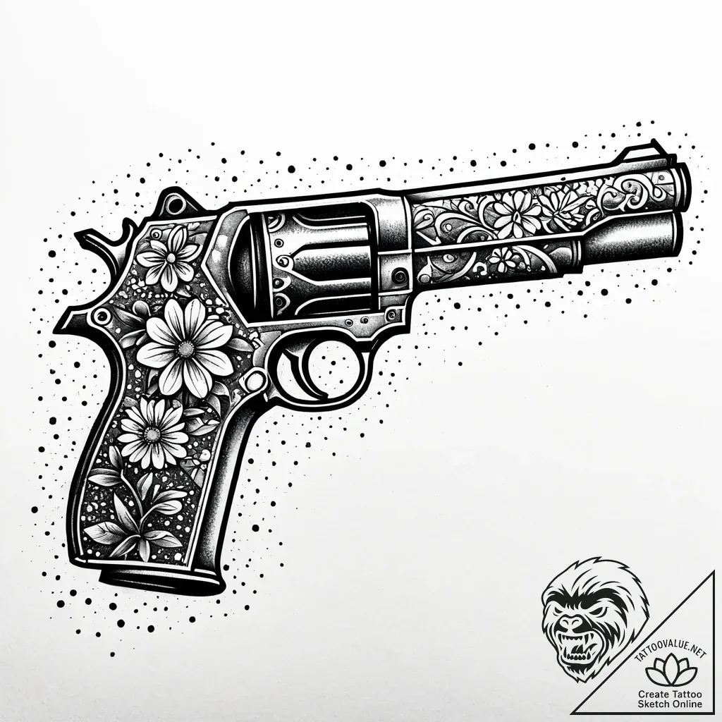 Flower blooming from the barrel of a rusted g... - style Jaeger Simple - tattoo sketch (09.11.2025 13:25)