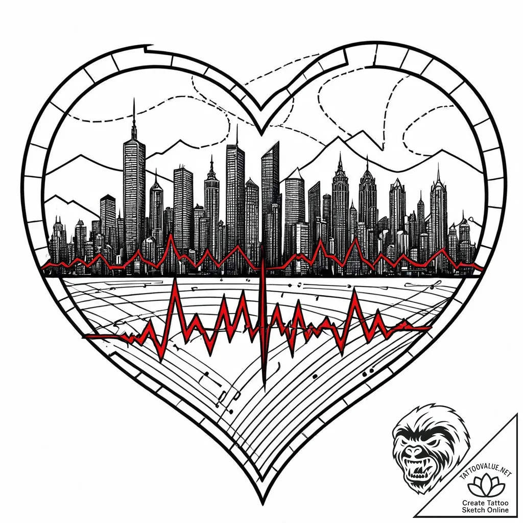 Heart monitor ekg line morphing into a city s... - style Jaeger Mini - tattoo sketch (09.11.2025 13:28)