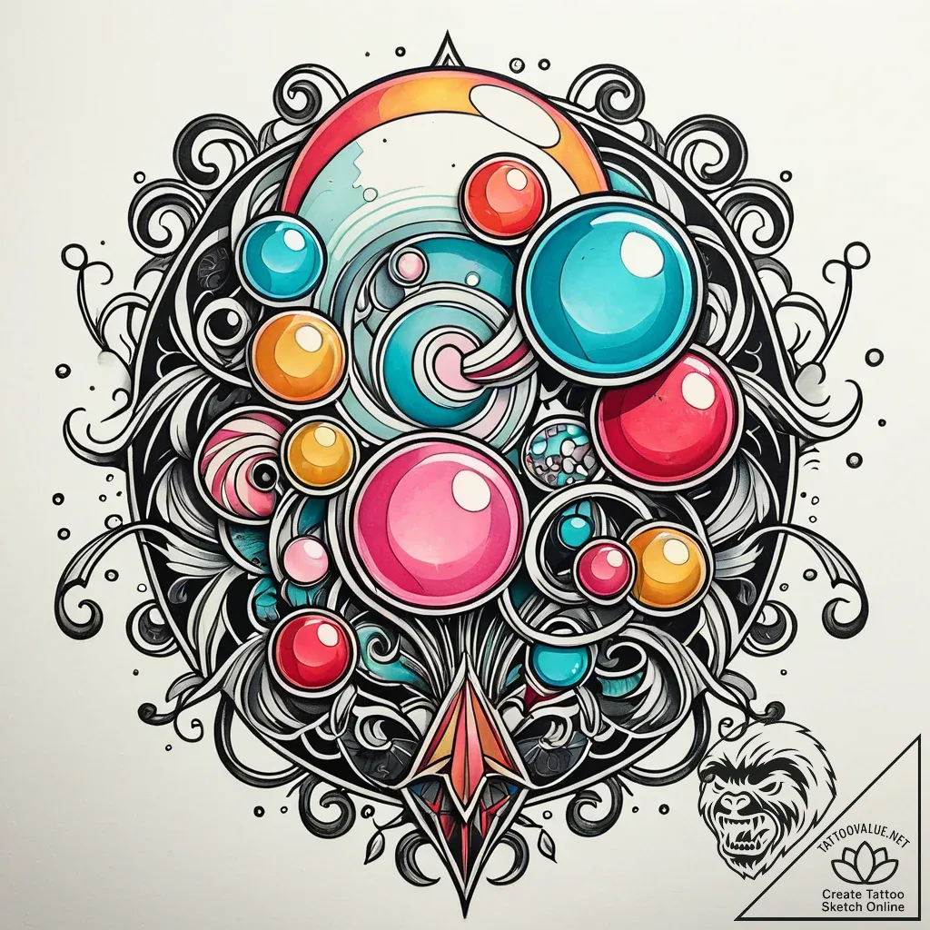 A whimsical bubble gum bubble bursting, messy... - style Jaeger Simple - tattoo sketch (09.11.2025 13:37)
