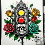 Traffic light with all three lights showing a… – style Jaeger Simple – tattoo sketch (09.11.2025 14:37)
