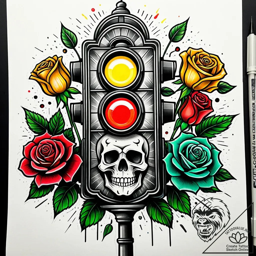 Traffic light with all three lights showing a... - style Jaeger Simple - tattoo sketch (09.11.2025 14:37)
