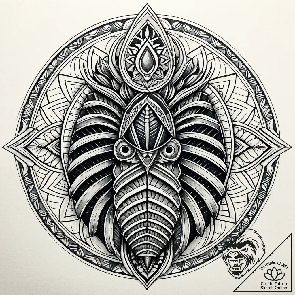 Fossilized trilobite with a microchip embedde... - style Jaeger Simple - tattoo sketch (09.11.2025 14:49)