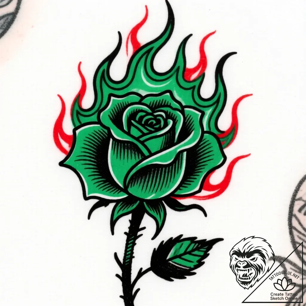 Emerald flames devouring rose, tattoo drawing... - style Flux Inscriptions - tattoo sketch (09.11.2025 15:34)