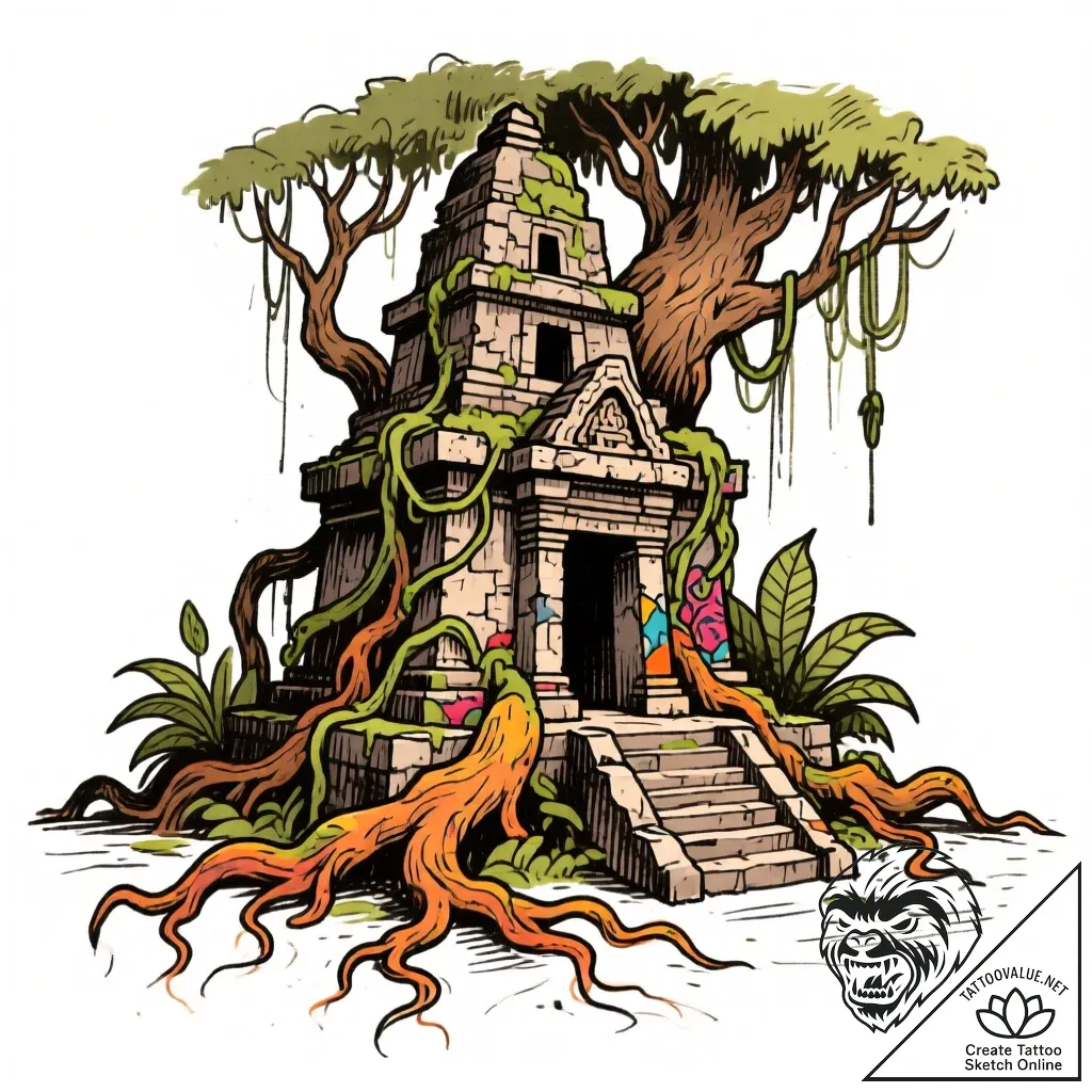 Jungle temple consumed by roots, tattoo line... - style Flux Inscriptions - tattoo sketch (09.11.2025 16:10)