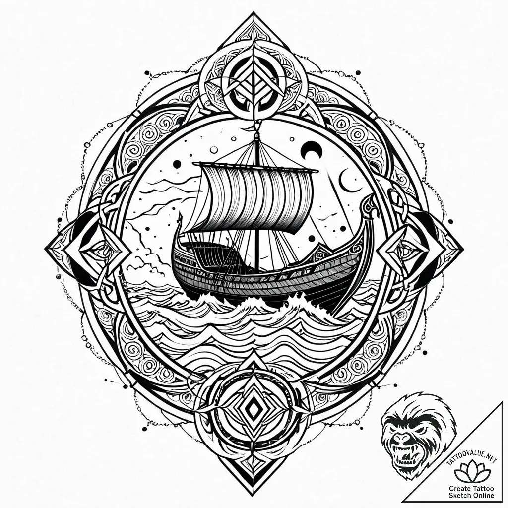 Viking longship in a storm, tattoo line art,... - style Jaeger Mini - tattoo sketch (09.11.2025 16:16)
