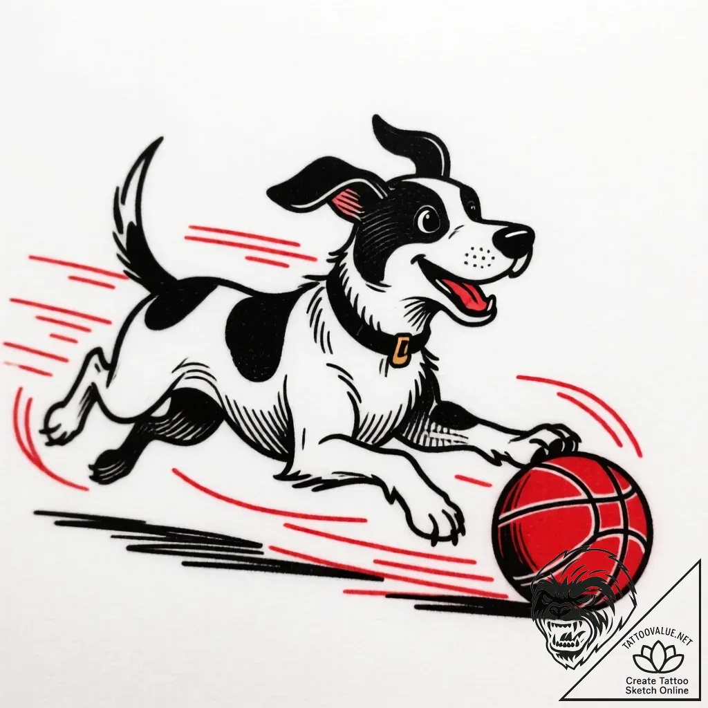 Tattoo sketch, max chasing ball with motion l... - style Flux Inscriptions - tattoo sketch (09.11.2025 16:35)