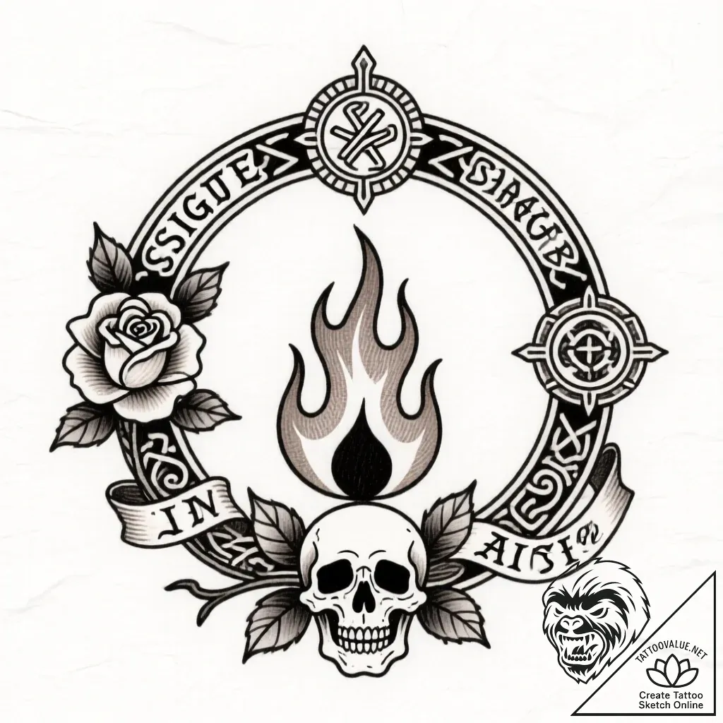 Burning circle with ancient sigils, artistic... - style Flux Inscriptions - tattoo sketch (09.11.2025 16:46)