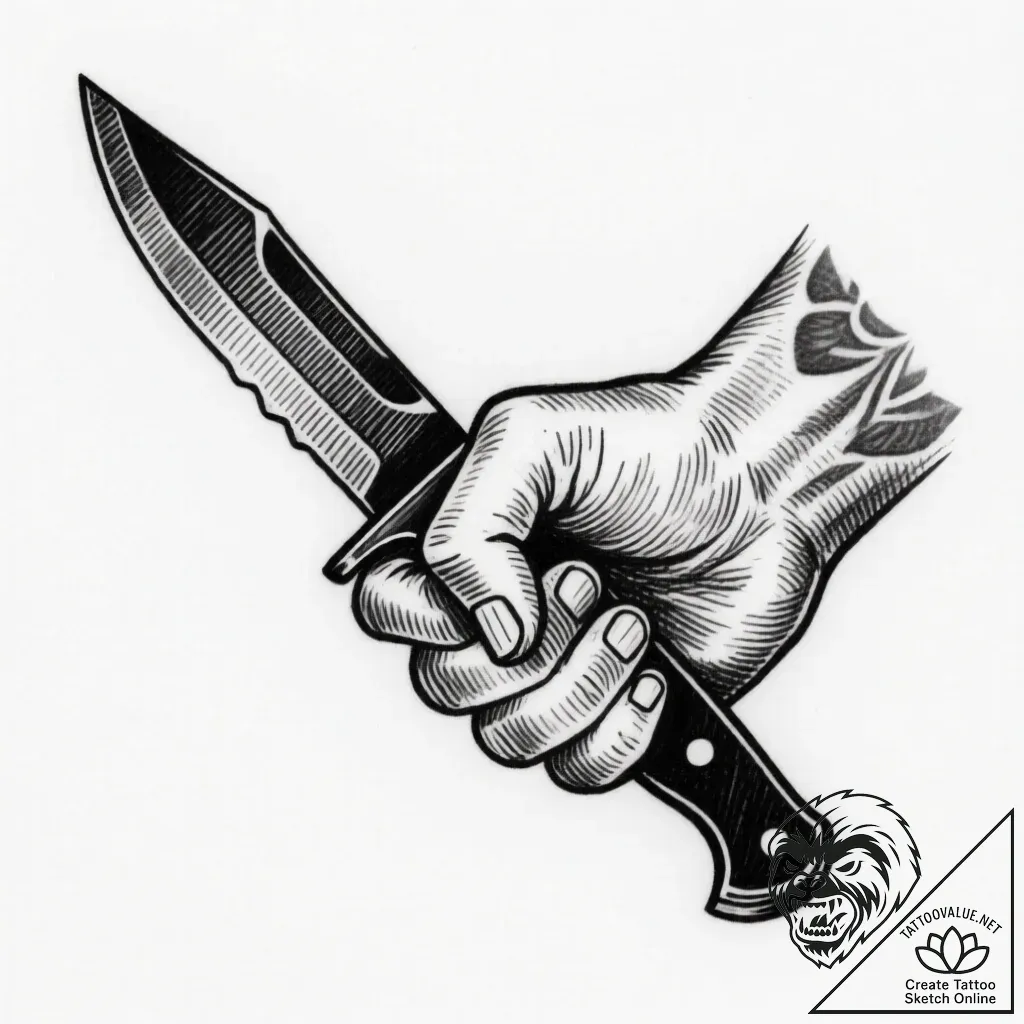 Knife in skeletal grip, tattoo sketch design,... - style Flux Inscriptions - tattoo sketch (09.11.2025 16:58)