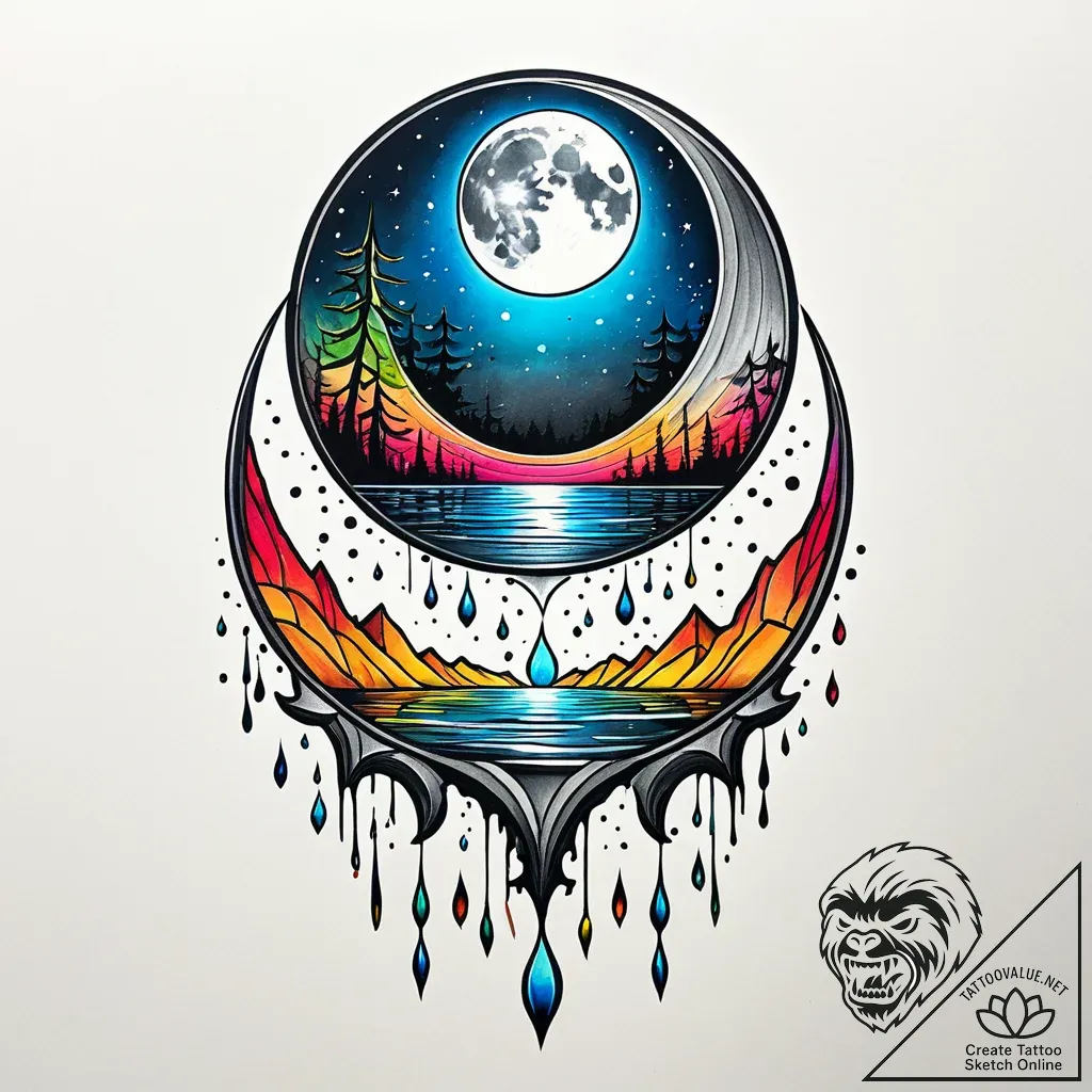 Water mirror reflecting twin moons, ink illus... - style Jaeger Simple - tattoo sketch (09.11.2025 17:12)