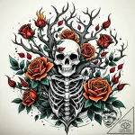 Burning roses entwining skeletal tree, tattoo… – style Jaeger Simple – tattoo sketch (09.11.2025 17:25)