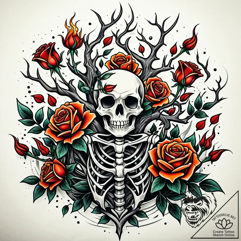 Burning roses entwining skeletal tree, tattoo... - style Jaeger Simple - tattoo sketch (09.11.2025 17:25)
