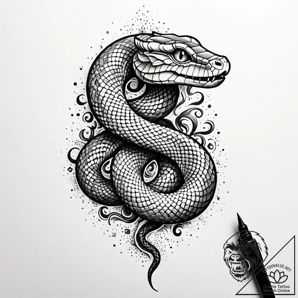 Chain-wrapped serpent rising from stone, ink... - style Jaeger Simple - tattoo sketch (09.11.2025 17:45)