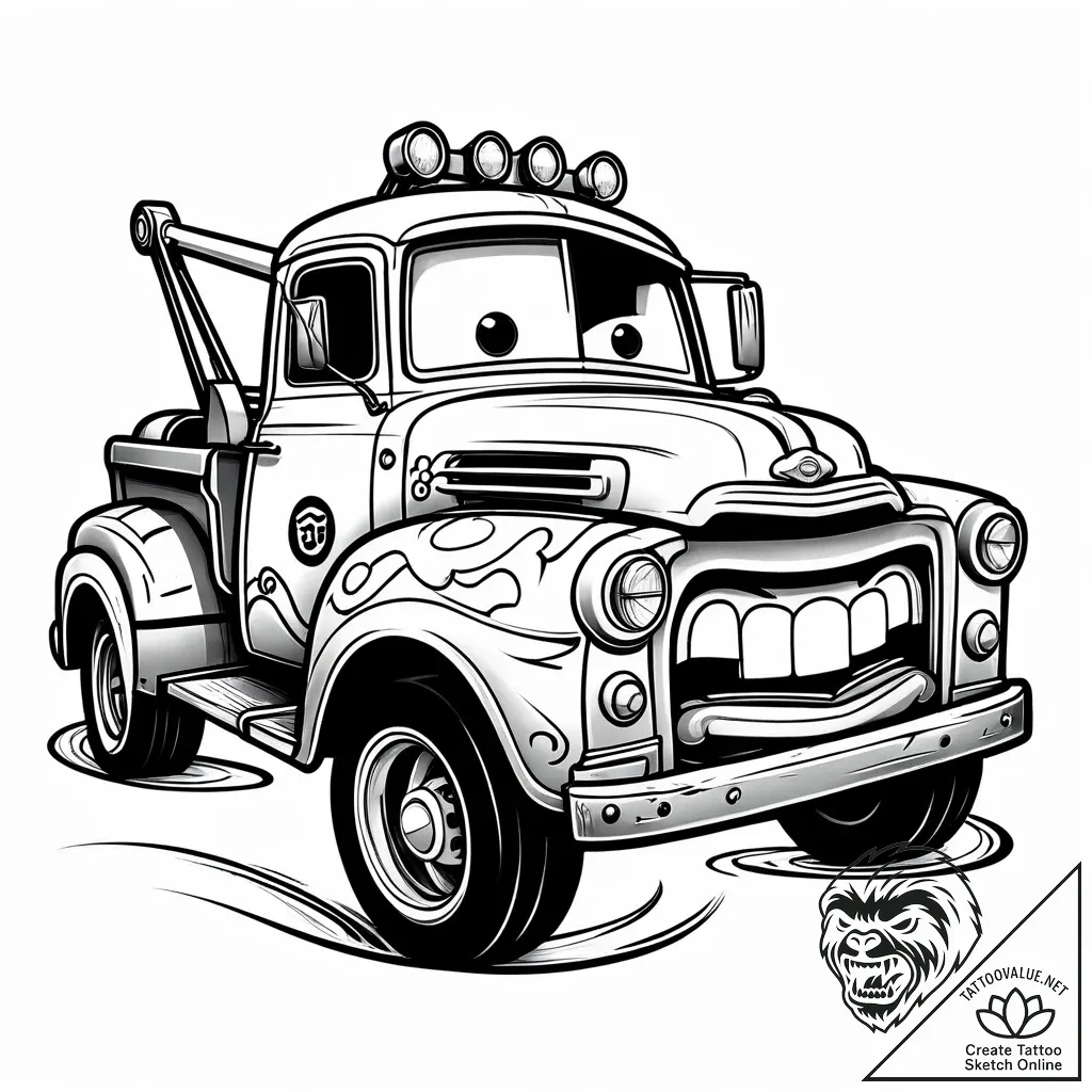 Tattoo sketch, mater rusty tow truck with goo... - style Jaeger Simple - tattoo sketch (09.11.2025 18:22)