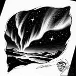 Tat tattoo sketch, northern lights shimmering… – style Flux Inscriptions – tattoo sketch (09.11.2025 18:43)