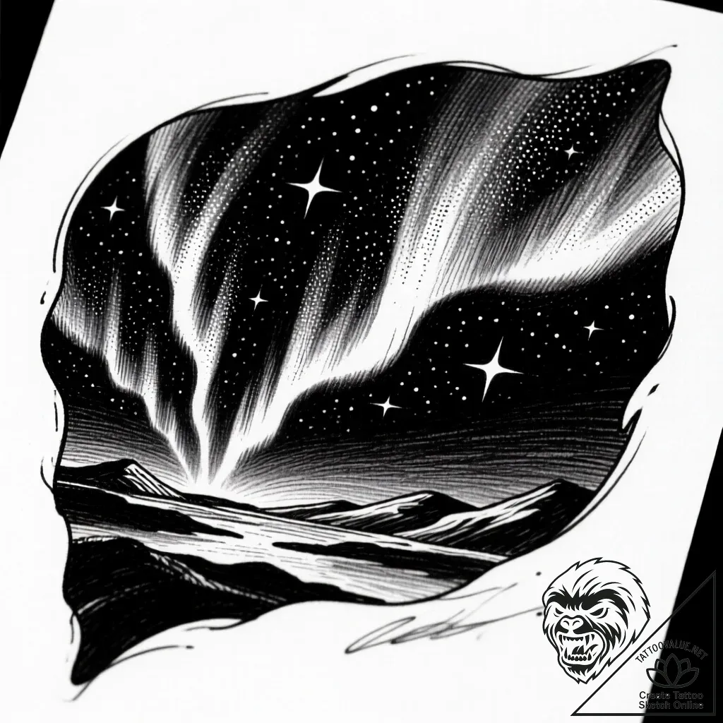 Tat tattoo sketch, northern lights shimmering... - style Flux Inscriptions - tattoo sketch (09.11.2025 18:43)