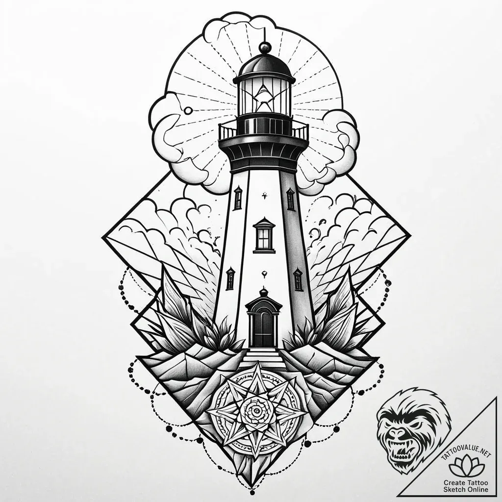 Lighthouse crumbling in spectral storm, conce... - style Jaeger Mini - tattoo sketch (09.11.2025 19:01)