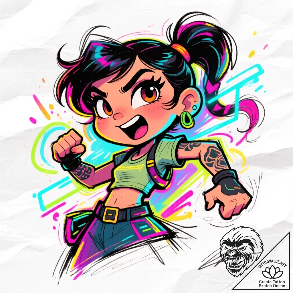Tattoo sketch, vanellope hacking with neon li... - style Flux Inscriptions - tattoo sketch (09.11.2025 19:19)