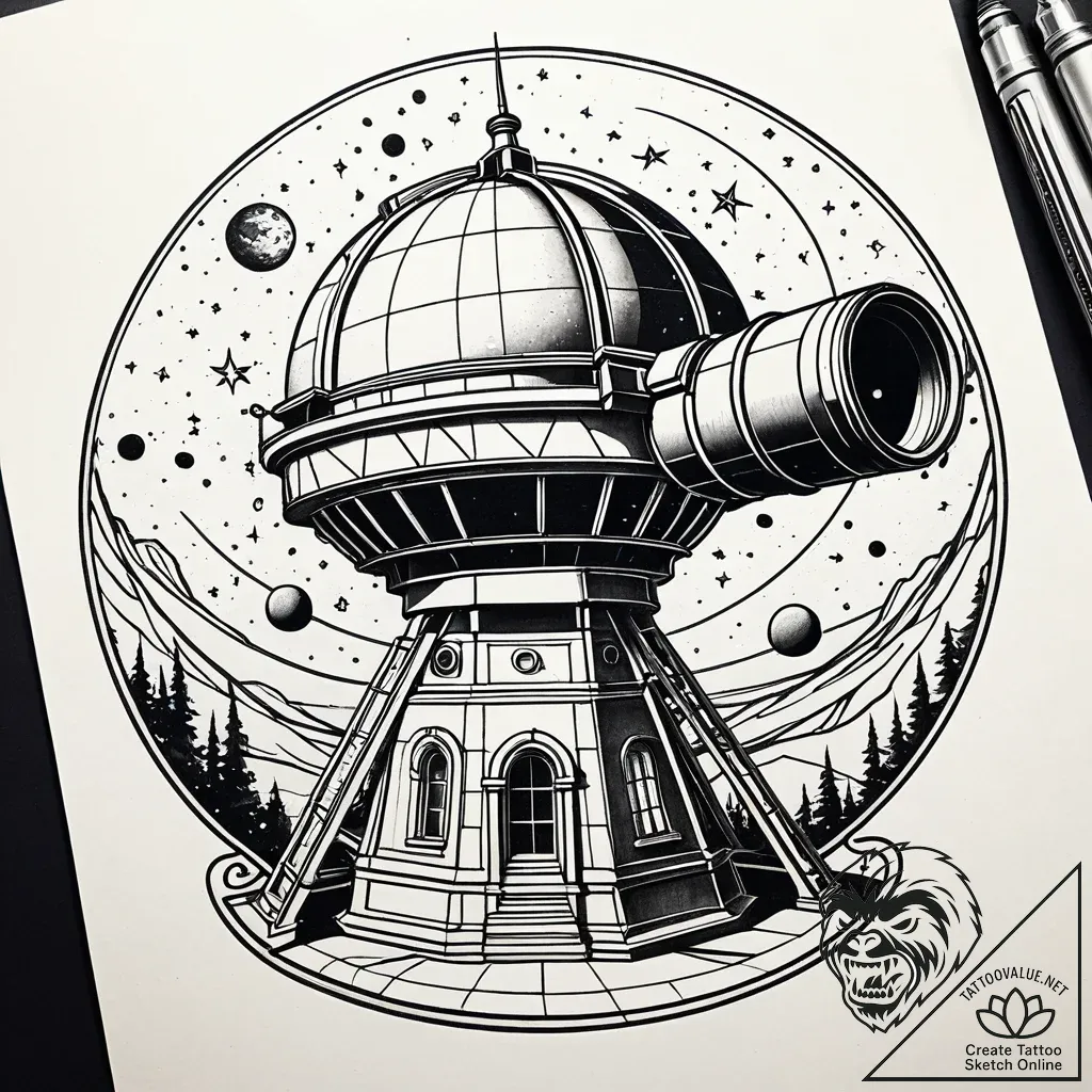 An astronomical observatory dome opening to r... - style Jaeger Simple - tattoo sketch (09.11.2025 19:34)