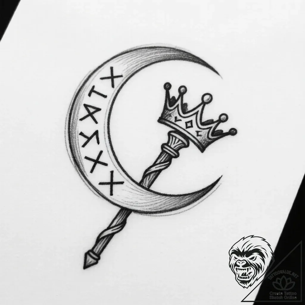 Moon staff crowned with runes, artistic tatto... - style Flux Inscriptions - tattoo sketch (09.11.2025 20:19)