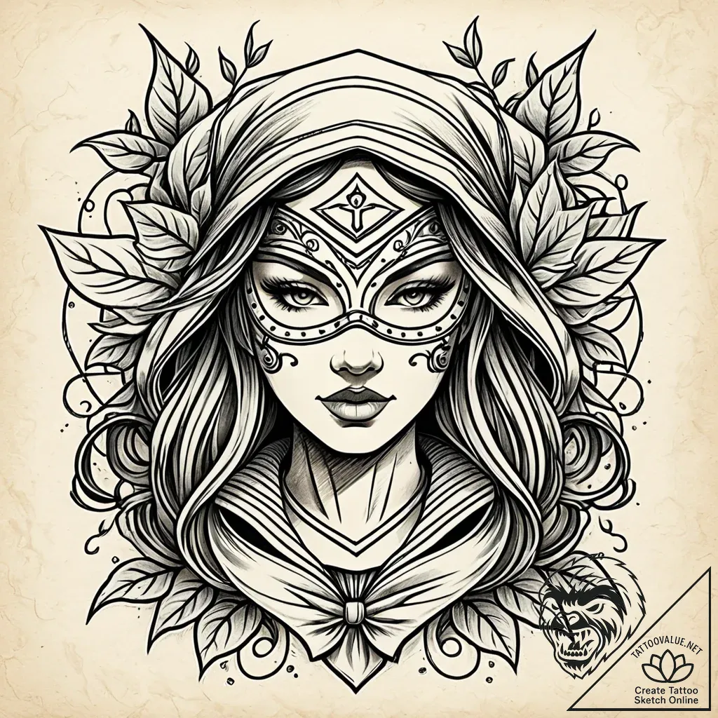 Stone mask veiled in ivy, tattoo line art, dy... - style Jaeger Simple - tattoo sketch (09.11.2025 20:22)