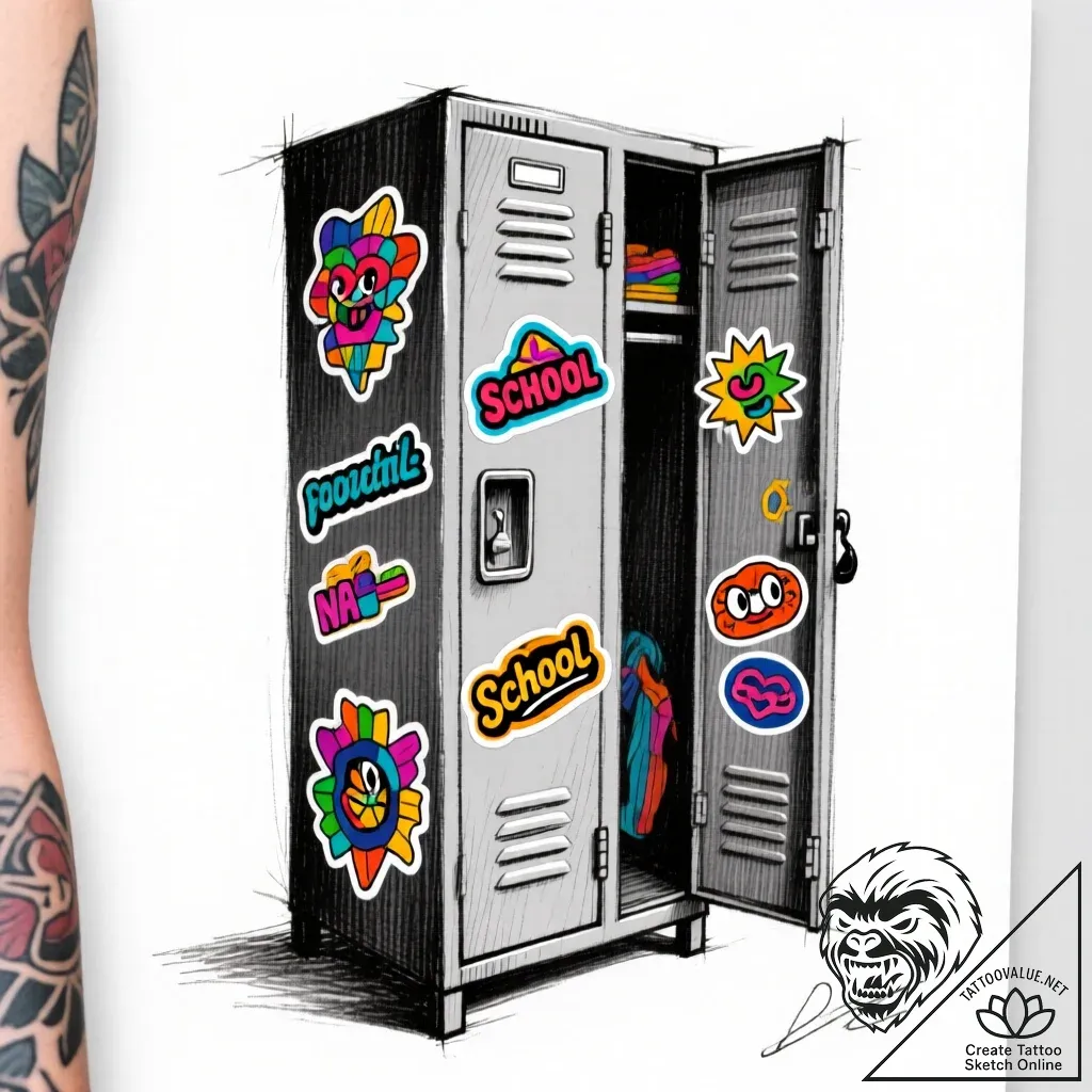 Locker, school style, with stickers on it, ar... - style Flux Inscriptions - tattoo sketch (09.11.2025 20:31)