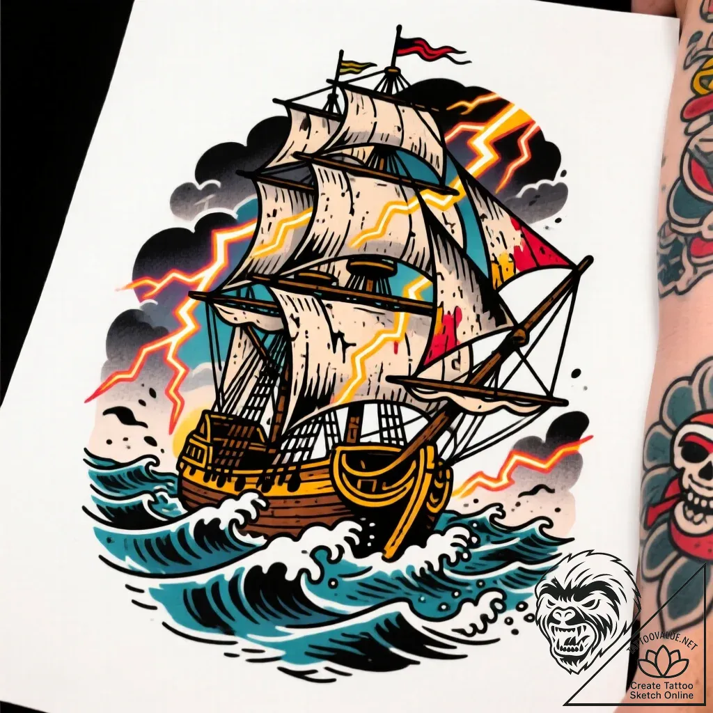 Tat tattoo sketch, stormy sea with ship battl... - style Flux Inscriptions - tattoo sketch (09.11.2025 21:19)