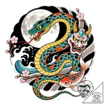 Crystal serpent coiled around moon, tattoo fl… – style Flux Inscriptions – tattoo sketch (09.11.2025 21:31)